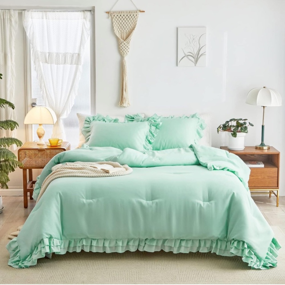 3 pieces comforter set queen king green bright ruffle farmhouse chic girly